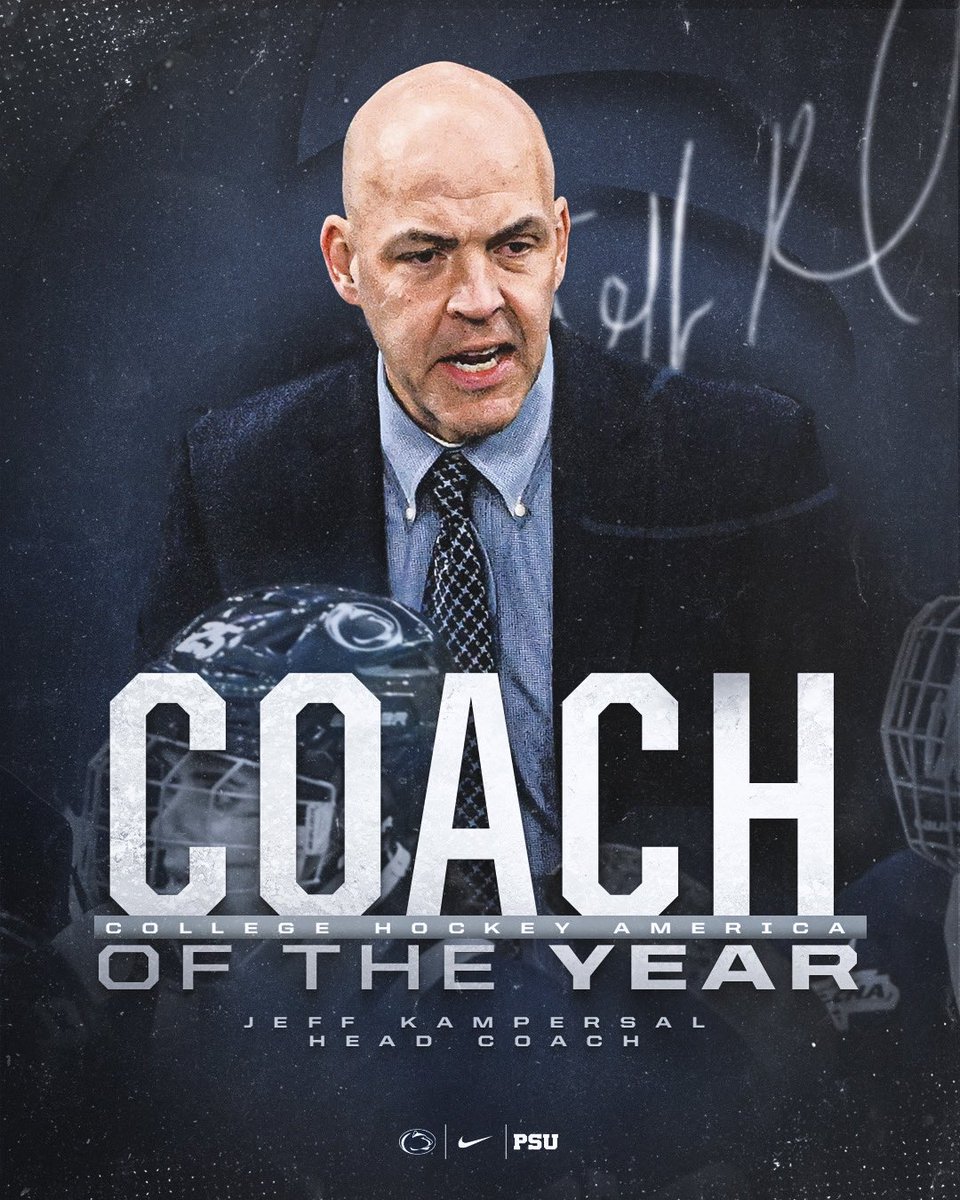 PennStateWHKY's tweet photo. COACH OF THE YEAR!🫡

Jeff Kampersal earns CHA Coach of the Year honors after leading us to a College Hockey America Regular Season Championship and our first ever finals appearance in a CHA tournament.💪
🔗 https://t.co/HgoWg4Ept2
#WeAre #HockeyValley https://t.co/0Wkwxn03Cg