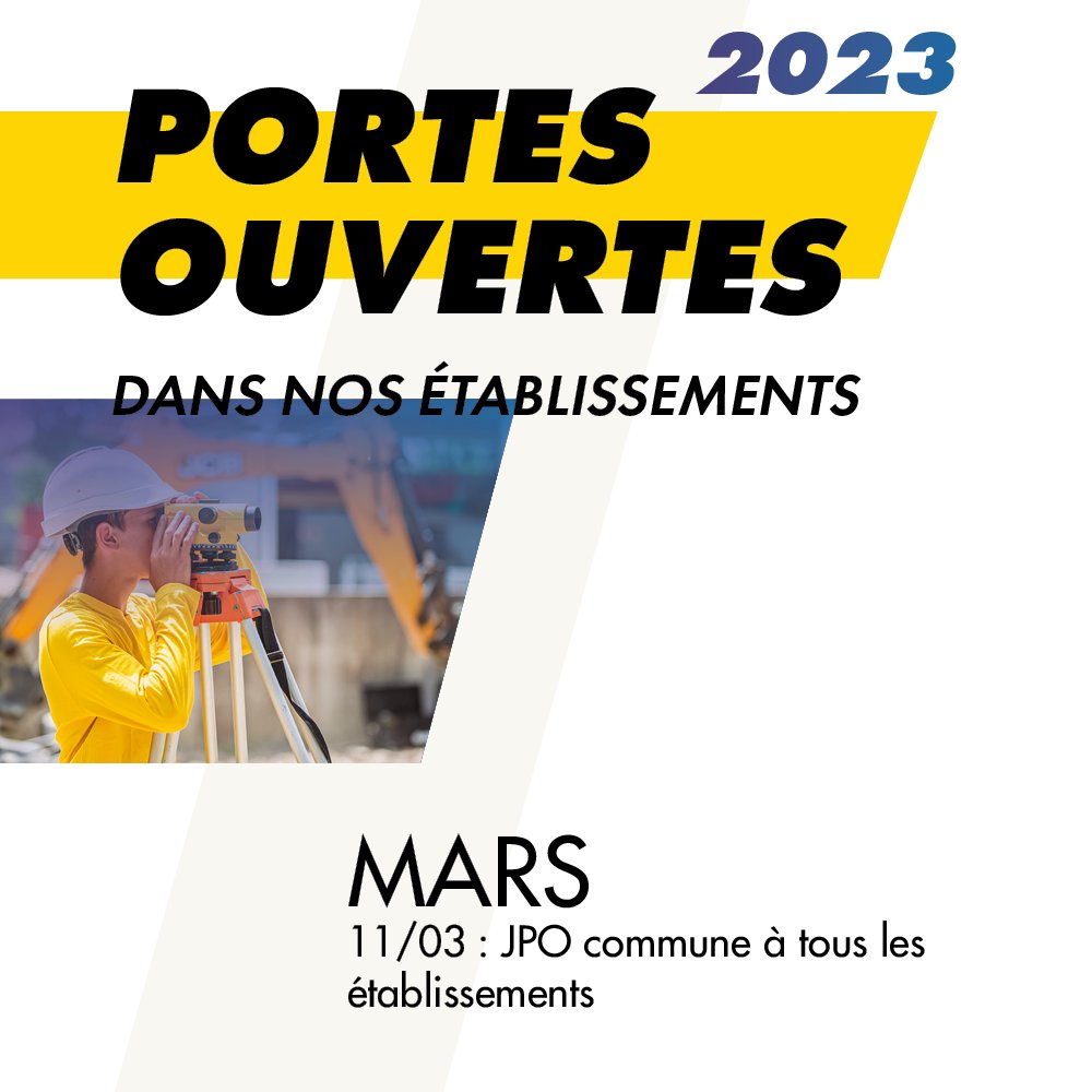 /JOURNÉES PORTES OUVERTES / 

Programme du mois de mars : 
- BTP CFA Loire à St-Étienne et Roanne : Vendredi 10 mars de 13h30 à 17h30
- Tous les établissements : Samedi 11 mars de 9h à 13h

Réservation ici : go.oncehub.com/btpcfaaurajpo?…
Toutes les JPO : btpcfa-aura.fr/evenements/?ty…