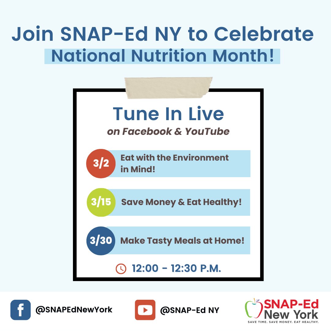 March is #NationalNutritionMonth! Join <a href="/snapedny/">snapedny</a> during their live sessions to learn from their Nutrition Educators!
#EatHealthy #SaveMoney