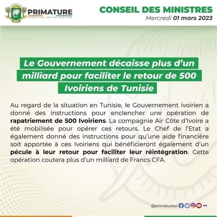 Le @Gouvci a pris des mesures pour les Ivoiriens en  #Tunisie
  #Civ
