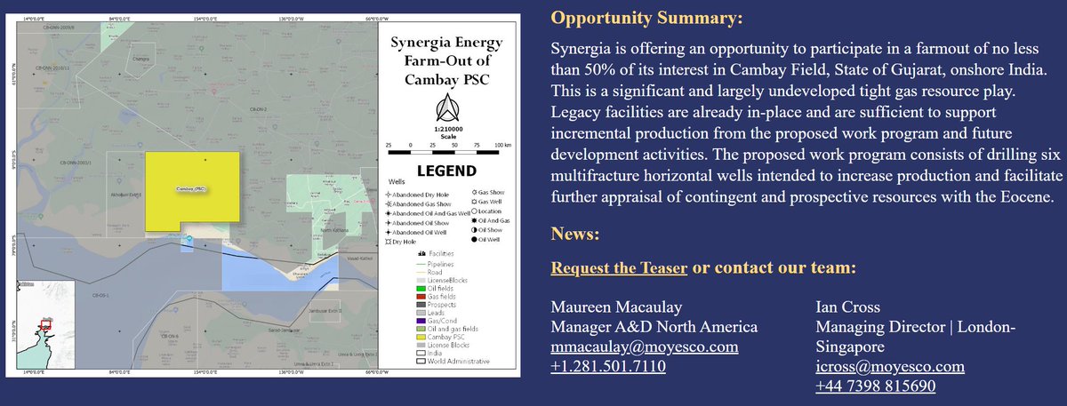 <a href="/Synergiaenergy/">Synergia Energy Ltd</a> is offering an opportunity to participate in a farmout of no less than 50% of its interest in Cambay Field, State of Gujarat, onshore #India. This is a significant and largely undeveloped tight gas resource play #SYN moyesco.com/mandate/158
