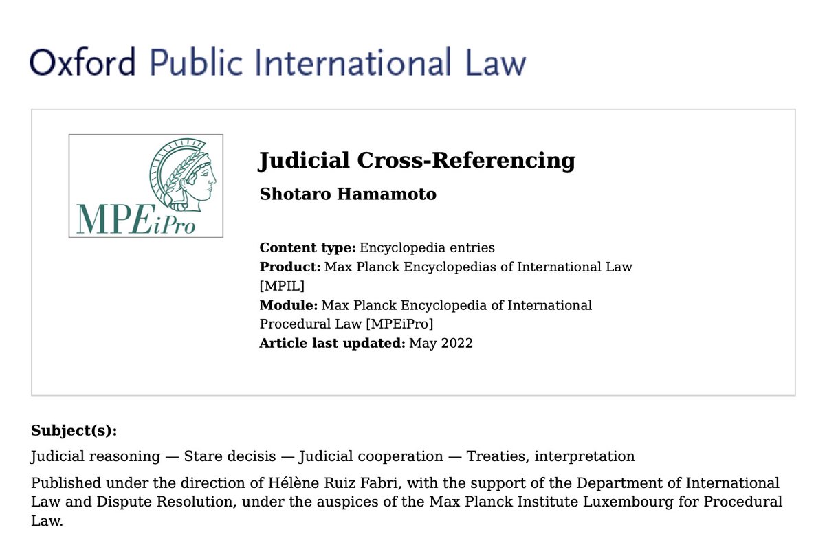 MPI_Luxembourg's tweet photo. Check out our newly published #MPEiPro entry on #Judicial #Cross-Referencing by Shotaro Hamamoto: https://t.co/4zlymqamR0 
@maxplancklaw @KyotoU_News @CIJ_ICJ @ITLOS_TIDM @ILA_official https://t.co/eMbt8QK0od