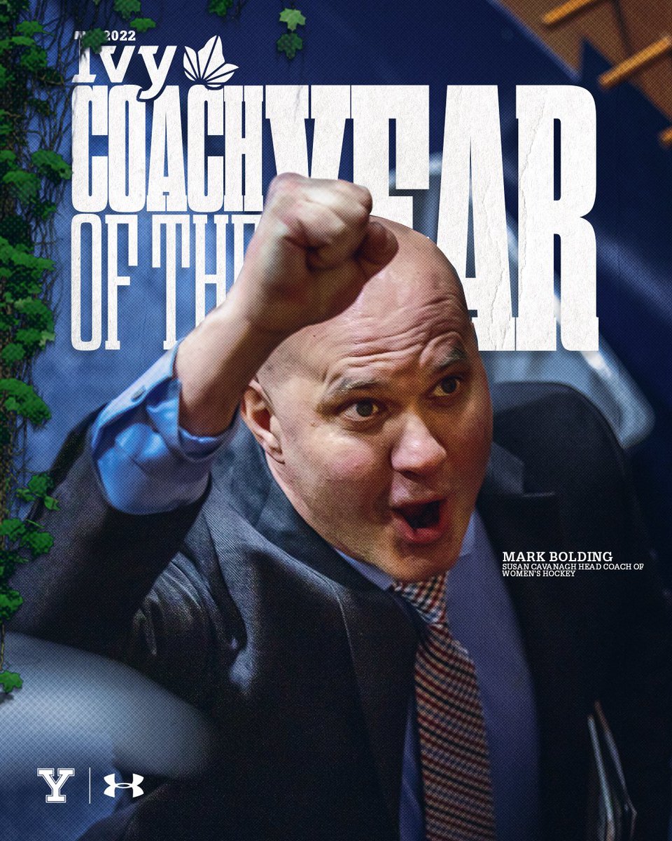 YaleWHockey's tweet photo. 𝐈𝐕𝐘 𝐂𝐎𝐀𝐂𝐇 𝐎𝐅 𝐓𝐇𝐄 𝐘𝐄𝐀𝐑 🌿

Mark Bolding earns his first Ivy League Coach of the Year honor after leading the Bulldogs to their first ever @IvyLeague Championship this season.

#ThisIsYale https://t.co/4deh1ZfWFv