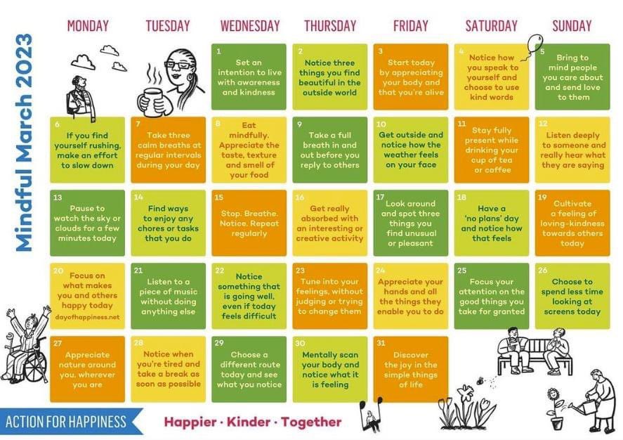 MINDFUL MARCH 🥊

Here's Action for Happiness' day-by-day guide to looking after your mental health in the coming month 👊

#englandboxing #MentalHealthAwareness