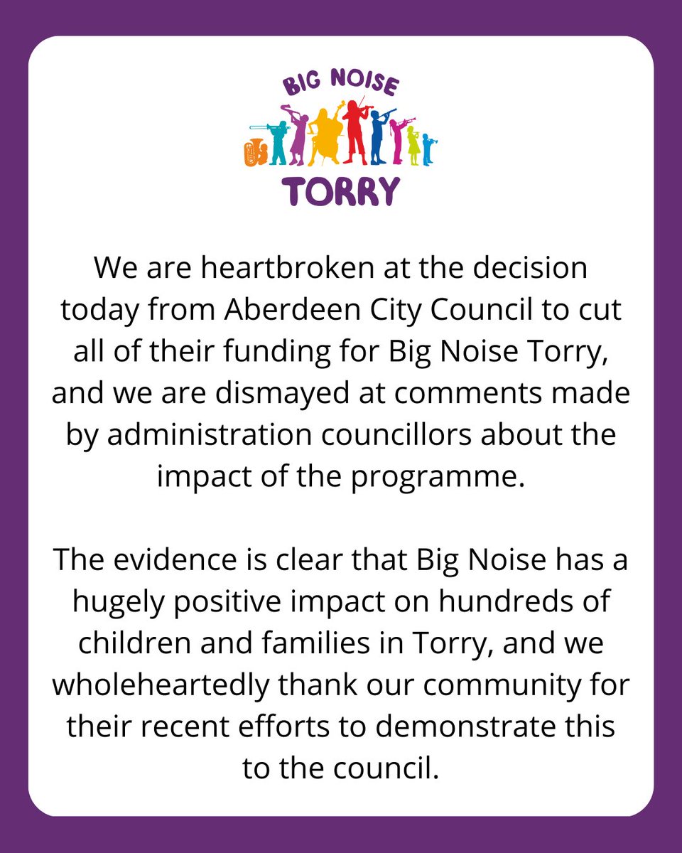 We are devastated at today's decision from <a href="/AberdeenCC/">Aberdeen City Council</a> to remove funding from #BigNoiseTorry. We will now have to assess the full impact of this shocking decision, and we are appealing to anyone who can to donate to the future of #BigNoiseTorry here 👇

🔗 makeabignoise.enthuse.com/cf/support-big…