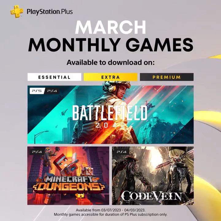 PlayStation on Twitter: "Your PlayStation Plus Monthly Games for March 2023 are: ➕ 2042 ➕ Minecraft Dungeons ➕ Code Vein Full details: https://t.co/T5TTI7XnEu https://t.co/eUmpUZ9yCi" / Twitter