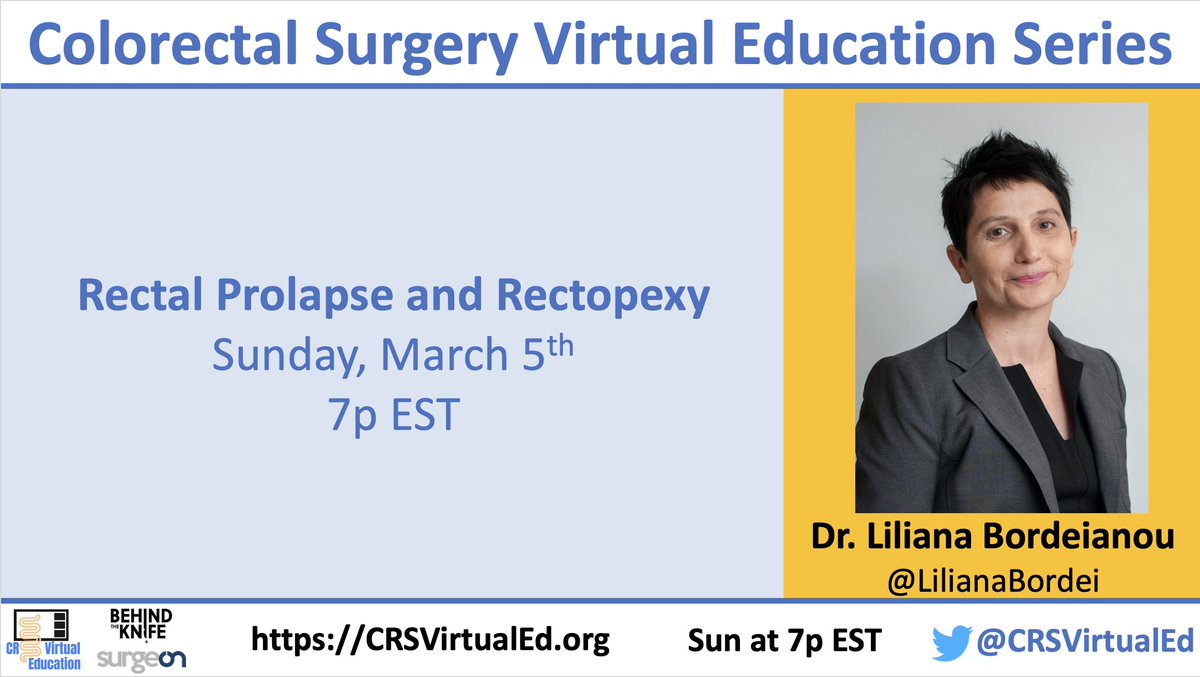 We have the pleasure of hosting Dr. Bordeianou who will discuss rectal prolapse & rectopexy. She's an int'l expert in pelvic floor disorders & founding Chair of the U.S. Pelvic Floor Disorders Consortium 

@LilianaBordei @SAGES_Updates @PFDNresearch @MGHColoSurgery @ASCRS_1