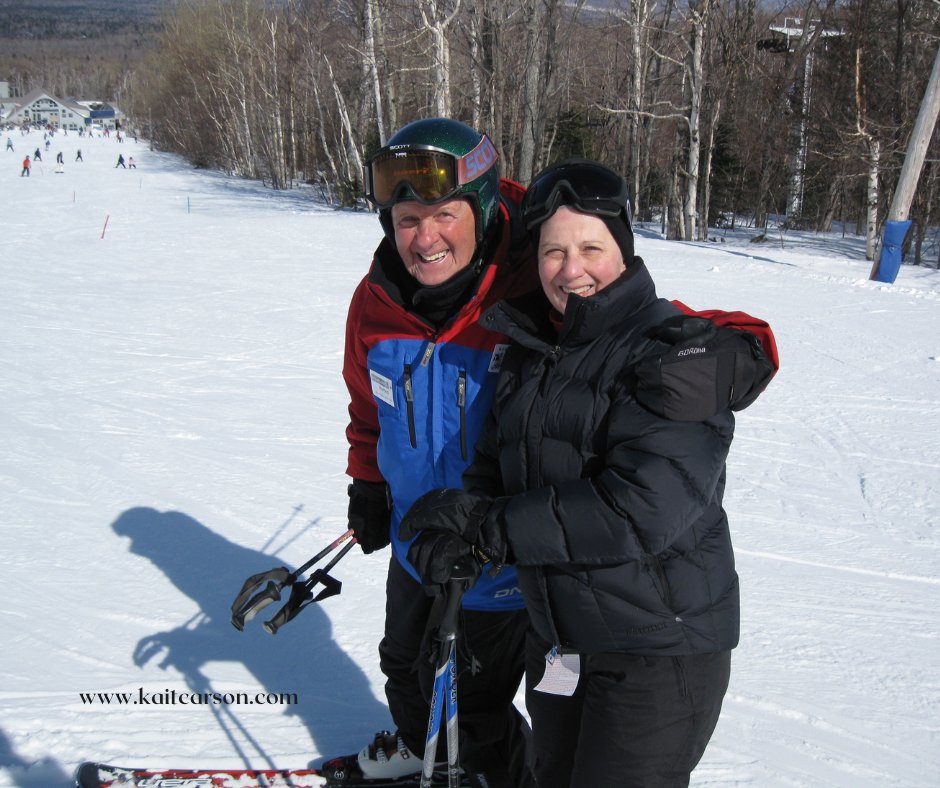 kaitcarson's tweet image. Found this photo on an old thumb drive. In 2008, while undergoing radiation treatments for breast cancer, I learned to ski. Here&apos;s a photo of my very patient instructor, Harold, and myself at Sugarloaf. #lifeaftercancer #sugarloaf #learntoski
