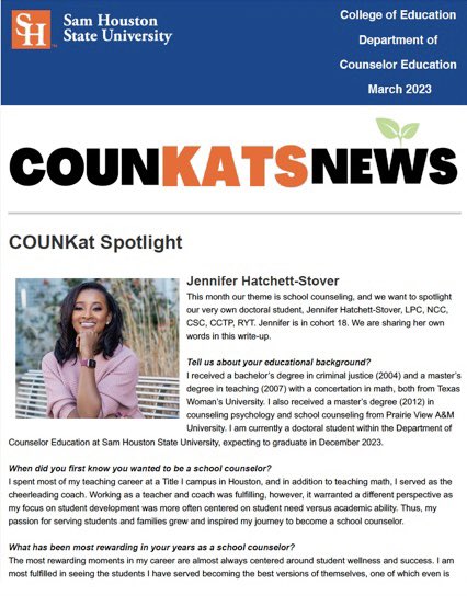 jhatchettLPC's tweet photo. Thank you so much @COUNKATS for the feature!  🧡💙
@SamHoustonState 

#schoolcounselor #counselor #counseling #mentalhealth https://t.co/4HSWZZ4UF5