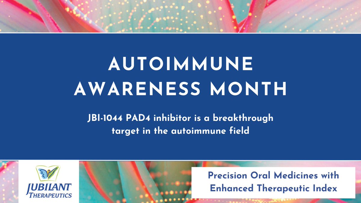 Jubilant Therapeutics’ PAD4 inhibitor, JBI-1044, is showing positive data in preclinical models of #psoriasis, #lungfibrosis including #COVID19 ARDS and has the opportunity for broader application in other autoimmune disorders such as #SLE and #DVT. 

#AutoimmuneAwarenessMonth