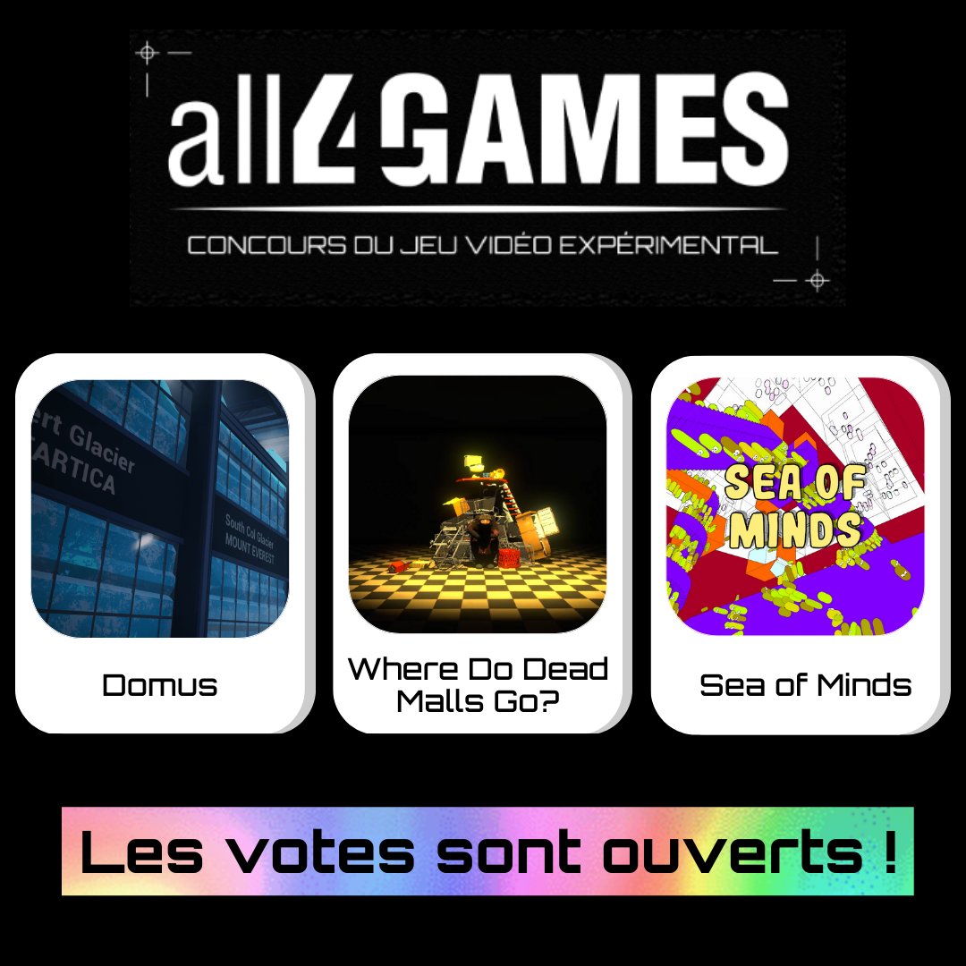 Cnam_Enjmin's tweet image. Les 3 jeux finalistes du concours #all4GAMES doivent maintenant être départagés.

Envoyez par SMS au 06 44 63 97 40 :

1️⃣ pour Domus
2️⃣ pour Where Do Dead Malls Go?
3️⃣ pour Sea of Minds

⏳samedi 29 avril 2023 (18h)

➡️Pour découvrir les trailers des jeux: all4games.eu