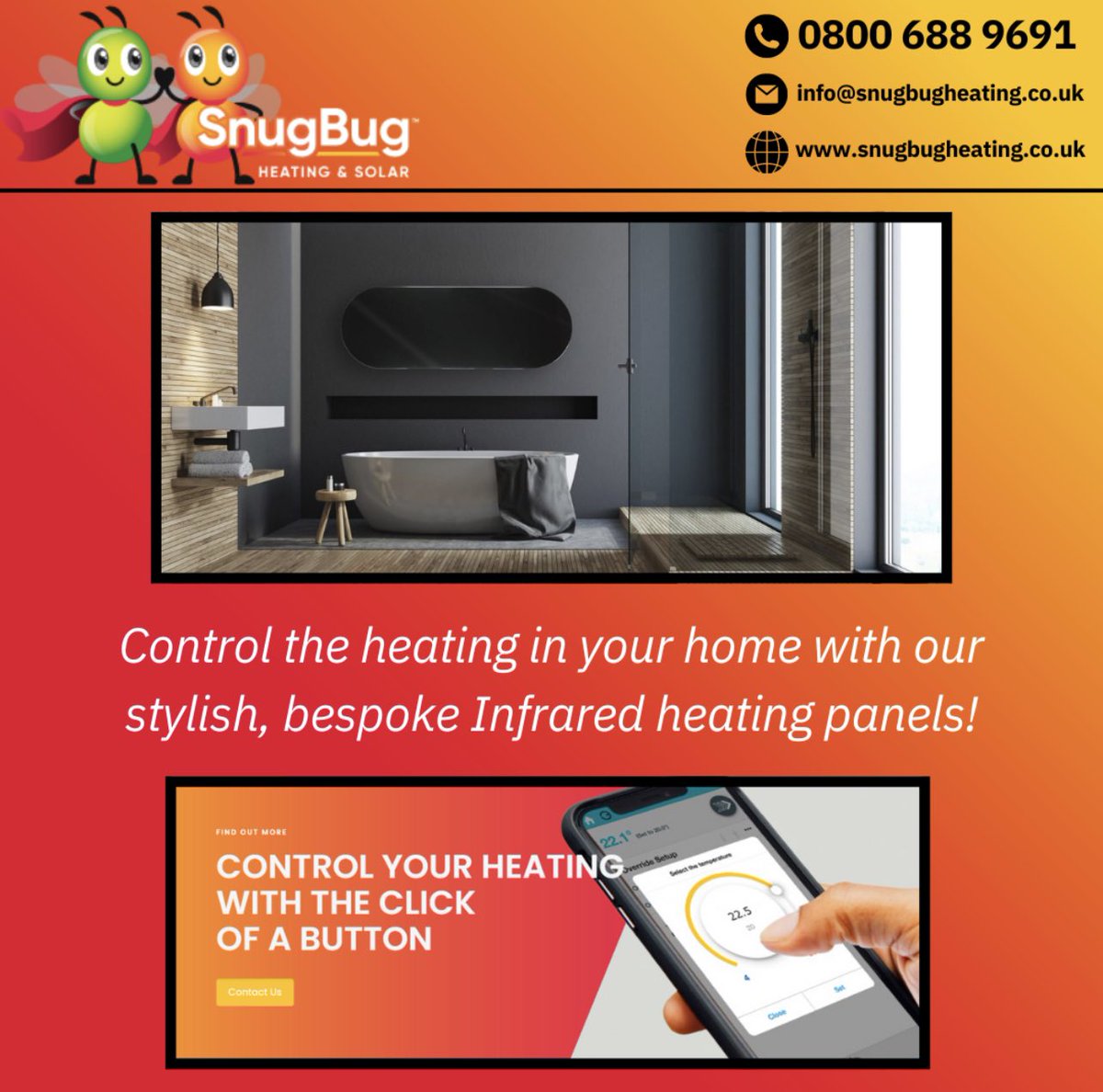 HeatingSnugbug's tweet photo. 🔥 Combat ever increasing heating costs by arranging to see one of our dedicated energy advisors call us today on: 0800 688 9691 📞

#infrared #heating #infraredheating #energybills #energyeffcient #ukbusiness #uknetworking #smarthome #energycrisis #heatingbills #costeffective https://t.co/ILB4EYMiSK