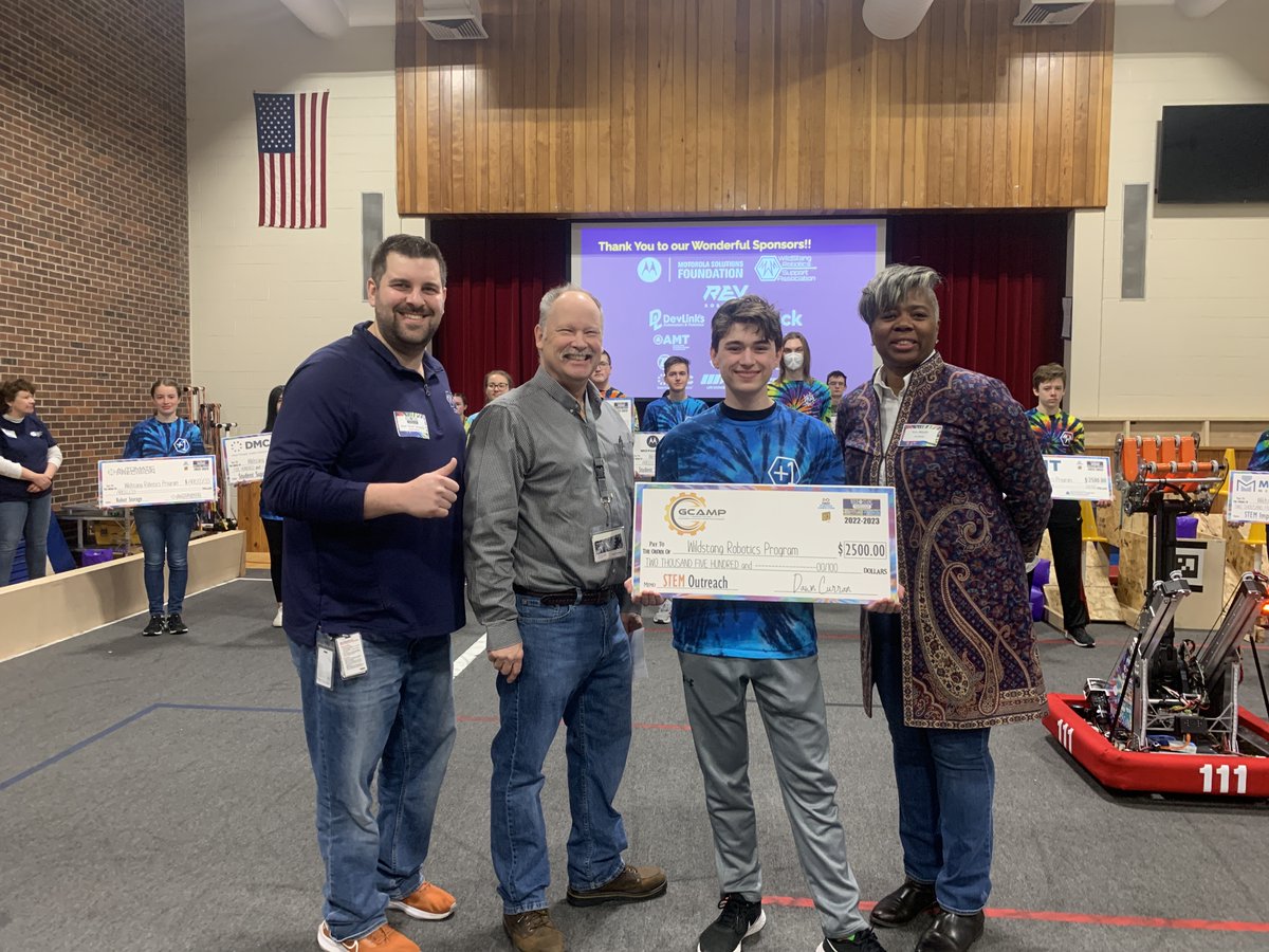 GCAMP Board Members Kevin Clay and Kim Woods presented a $2,500 check to the Wildstang Robotics Club @111wildstang. Congratulations to the team on their success this season, and we wish them best of luck in their upcoming MidWest Regional and Seven Rivers Regional competitions!