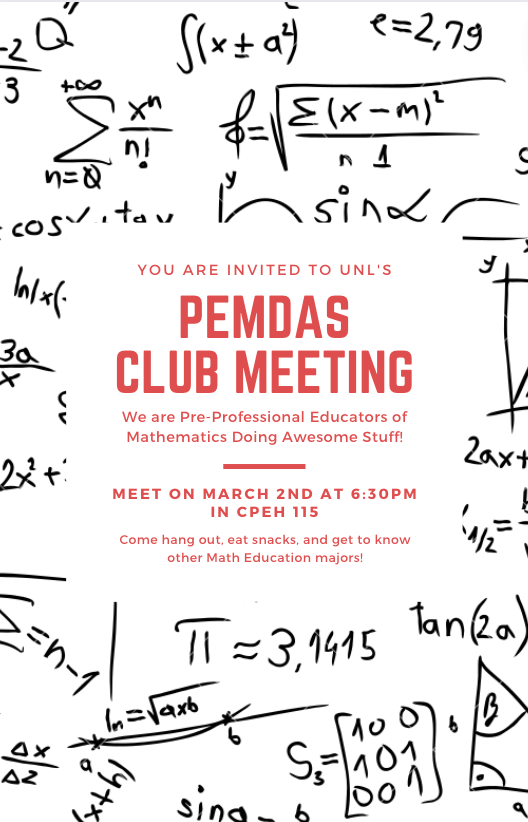 DrMalesMathEd's tweet photo. Come get your #mathedswag on this Thurs Mar 02 at 6:30pm in our new building (CPEH 115) at the first meeting of UNL's PEMDAS, a club devoted to connecting future teachers of mathematics. @UNL_CEHS @unl_tlte #unlcehs https://t.co/zpsydtxDnl