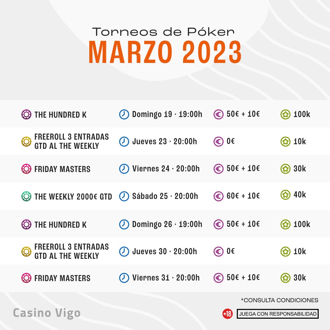 pokercvigo's tweet photo. 📝 Torneos de poker del mes de marzo en Casino Vigo.

Consulta toda la información en las stories destacadas de Instagram y en recepción #Poker #CasinoVigo https://t.co/gmZXolYoT6