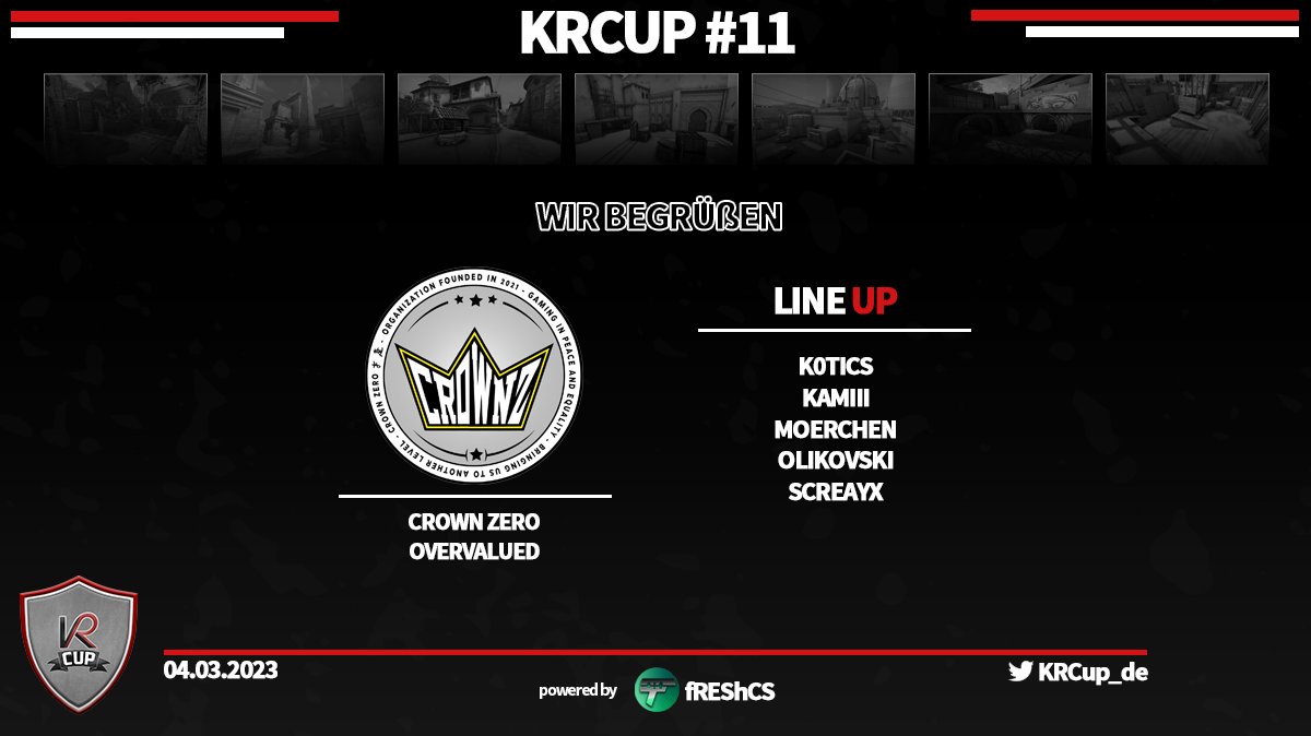 Der 7te Teilnehmer ist Team Crown Zero OvervalUED, von <a href="/CrownZero_CwZ/">Crown Zero</a> und <a href="/UEDortmund/">Uni eSports Dortmund</a> . Für CrownZero ist es nach KRCup#9 die 2te Teilnahme. 
Vielleicht können wir uns auch auf ein Lokalderby im KRCUP#11 freuen, dazu aber später mehr. 
@k0ti_cs 
Viel Erfolg