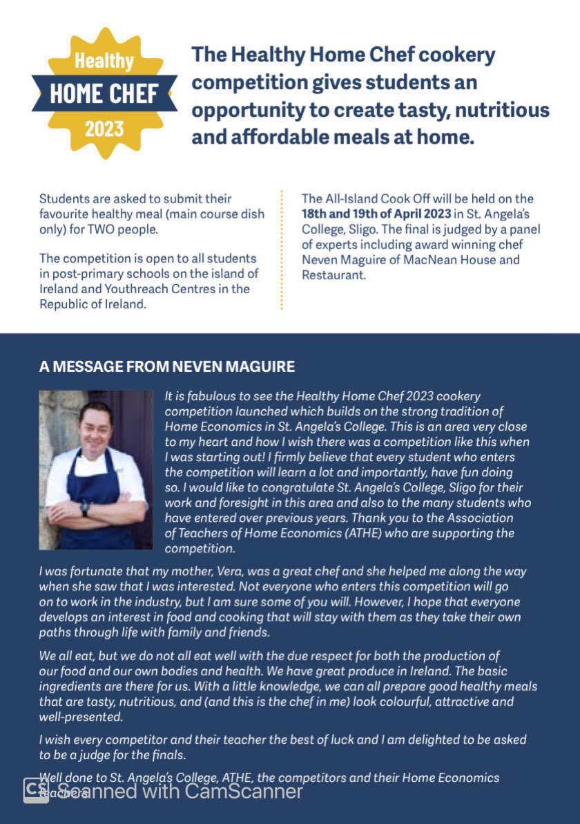 ATHE_HomeEc's tweet photo. @StAngelasSligo 
The National Centre for Excellence for Home Economics is delighted to announce that Our Healthy Home Chef competition is back by popular demand, taking place on the 18th and 19th of April 2023. Fabulous student, school and teacher prizes.
Let’s get cooking! 👨‍🍳👩‍🍳 https://t.co/r4Ri9DZt0s