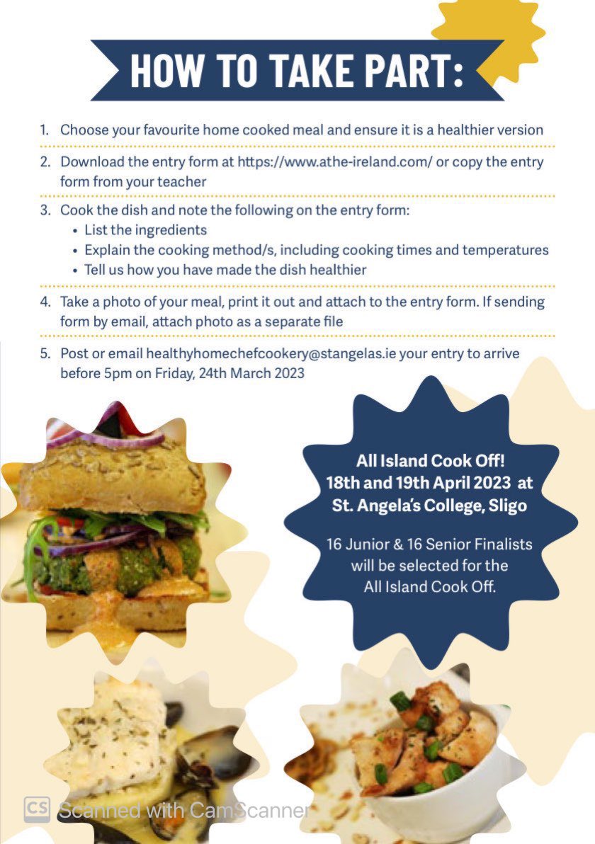 ATHE_HomeEc's tweet photo. @StAngelasSligo 
The National Centre for Excellence for Home Economics is delighted to announce that Our Healthy Home Chef competition is back by popular demand, taking place on the 18th and 19th of April 2023. Fabulous student, school and teacher prizes.
Let’s get cooking! 👨‍🍳👩‍🍳 https://t.co/r4Ri9DZt0s