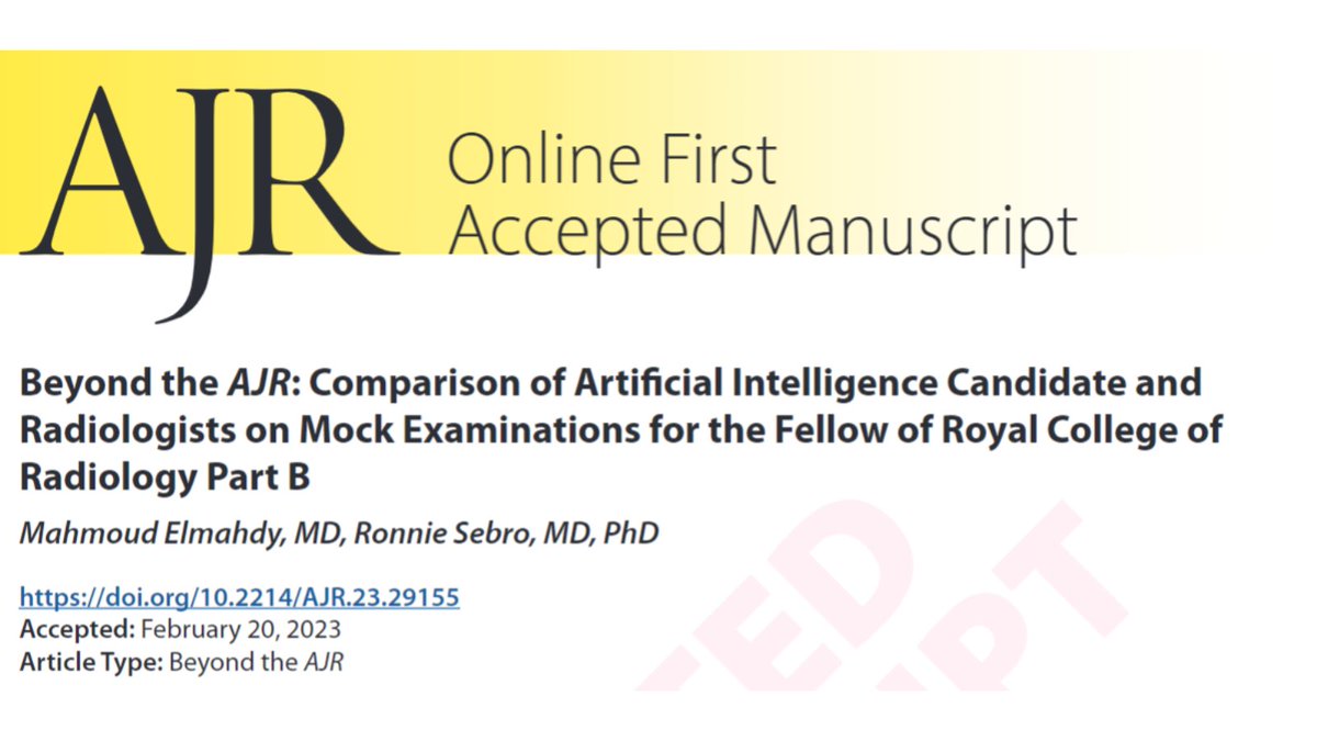Andrew Rosenkrantz (@arosenkrantzmd) on Twitter photo New <a href="/AJR_Radiology/">AJR</a> Accepted Manuscript:
"Beyond the AJR: Comparison of Artificial Intelligence Candidate and Radiologists on Mock Examinations for the Fellow of Royal College of Radiology Part B"
By Drs <a href="/Mahmoud12670034/">Mahmoud Elmahdy MD</a> & Sebro <a href="/MayoRadiology/">Mayo Clinic Radiology</a>
ajronline.org/doi/abs/10.221… New <a href="/AJR_Radiology/">AJR</a> Accepted Manuscript:
"Beyond the AJR: Comparison of Artificial Intelligence Candidate and Radiologists on Mock Examinations for the Fellow of Royal College of Radiology Part B"
By Drs <a href="/Mahmoud12670034/">Mahmoud Elmahdy MD</a> & Sebro <a href="/MayoRadiology/">Mayo Clinic Radiology</a>
ajronline.org/doi/abs/10.221…
