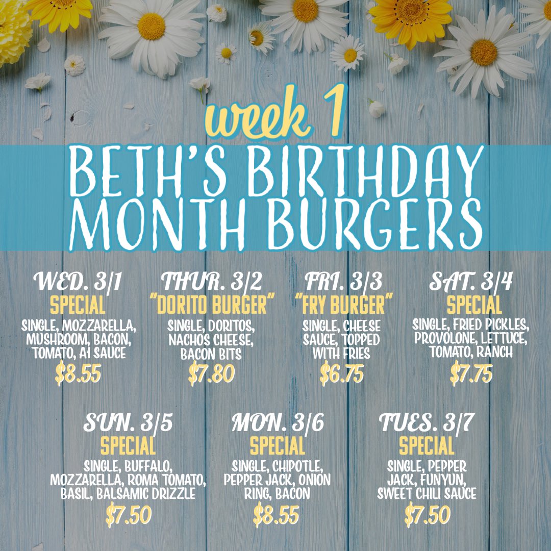 Stop in TODAY as we kick off Beth’s Birthday Month at @bethsburgerbar!!

🍔Different specials EVERY DAY!!!

🍔ALL locations participating!!

#bethsburgerbar #onegirlbeatsfiveguys #birthdaygirl #orlando #orlandofl #centralfl #edgewoodfl #universalblvd #lakecay #lakemary