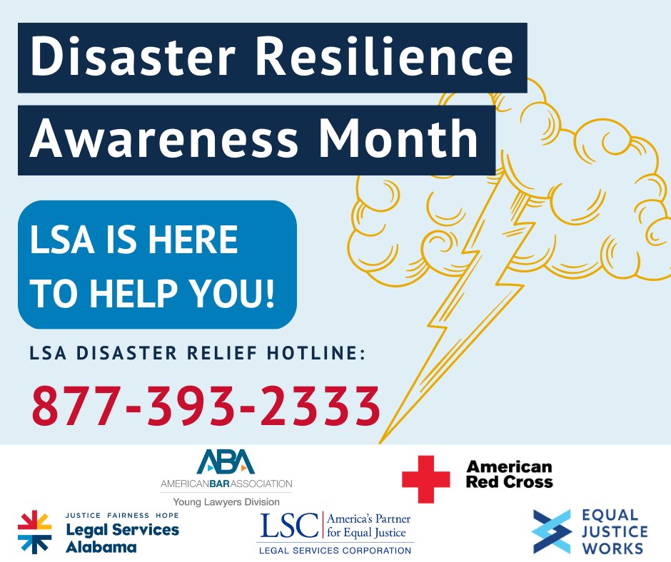 Started by @EJW_org, the @ABAYLD, @LSCtweets & @RedCross March is recognized as Disaster Resilience Awareness Month. If you are struggling to recover from recent storms or disasters dating back to 2020 LSA may be able to help you! equaljusticeworks.org/.../equal-just…