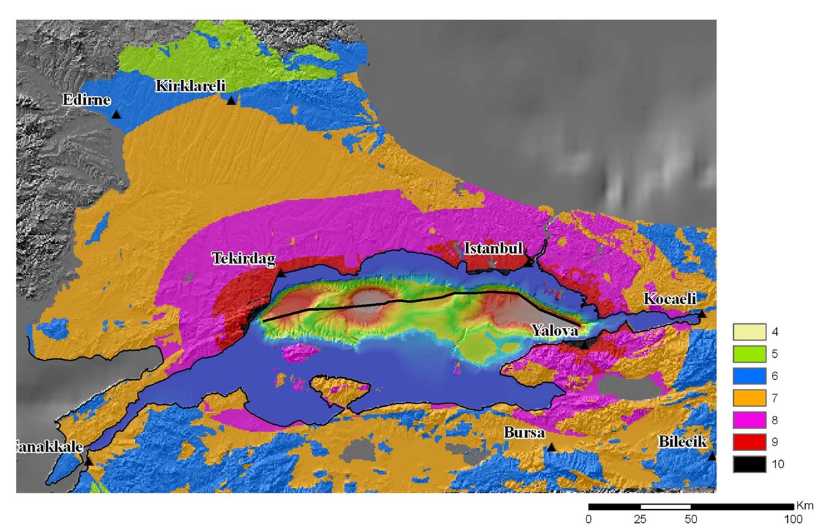 Marmara'da tüm fayları kıran bir deprem olsa (M=7.6) nereler hangi şiddette sarsılır? (Şiddet ölçeğini daha önceki mesajlarımda bulabilirsiniz)