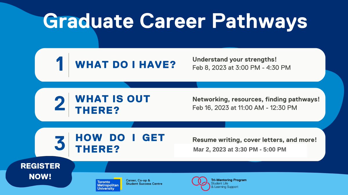 TMUgraduate's tweet image. Looking to reflect on your potential job prospects after graduation? Attend the Graduate Career Pathways workshop this Thursday, March 2, hosted by @careercooptmu and @trimentoring, to learn more on where your graduate degree can take you. Sign up now! bit.ly/3xlTcTF
