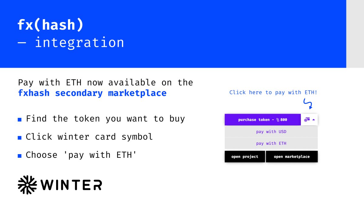 Now you can pay with ETH on the fxhash secondary marketplace via our latest @winter_NFTs integration❄️ We can't wait for you to try it out & experience the convenience of paying with the currency of your choice! Between XTZ, USD, and now ETH, we've got you covered 😌