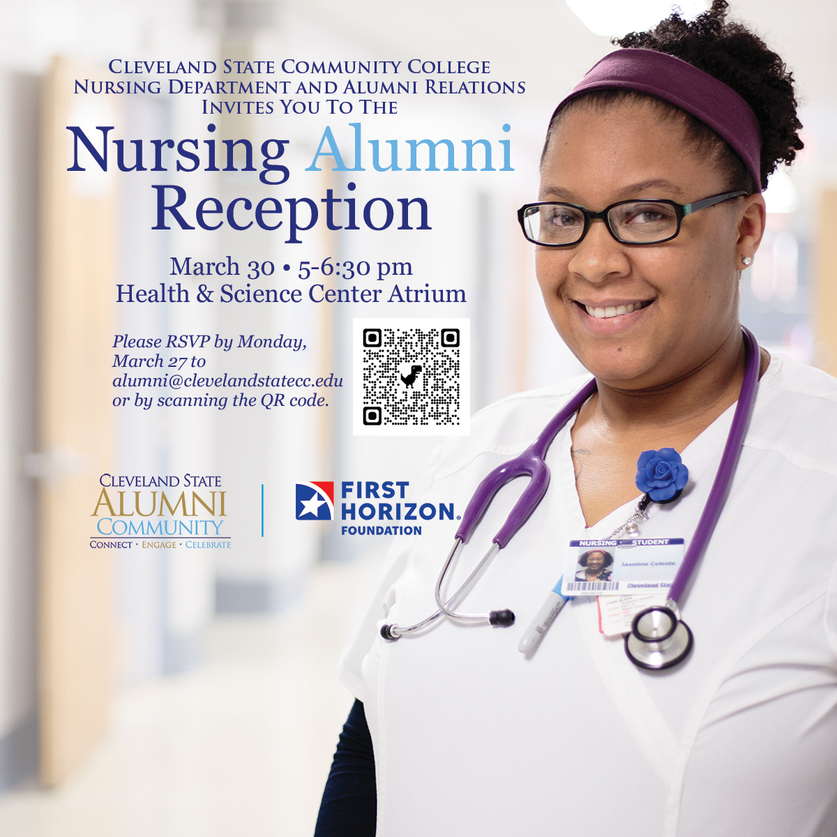 Cleveland State Nursing Alumni, please join the Nursing Department &amp; Alumni Relations for an event honoring YOU! This drop-in reception is a great time to visit with faculty, see old classmates &amp; network with employers! 
Please RSVP by March 27 by email or the QR code below!