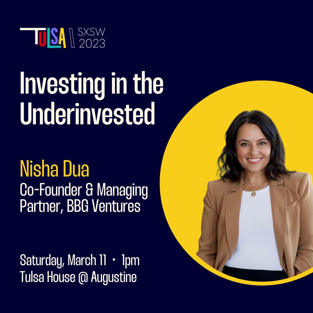atentocapital's tweet photo. Meet Nisha Dua, Co-Founder of BBG Ventures, a NYC-based VC fund focused on women-led tech companies. Hear her expertise on investing in female founders at our #SXSW panel: Investing in the Underinvested. RSVP now!
#TulsaAtSXSW #AtentoCapital @Nish67
https://t.co/WcmWrEVdk7 https://t.co/n1F8lCUWqk