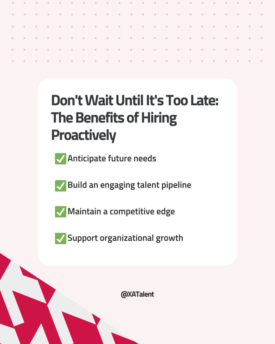 XA_Talent's tweet image. Are you waiting until the last minute to recruit new staff? Don&apos;t fall for the common misconception that you should only #recruit when you need staff. By taking a more proactive approach, you can stay ahead of the game &amp;amp; build a strong #talentpipeline.
 #proactiverecruiting
