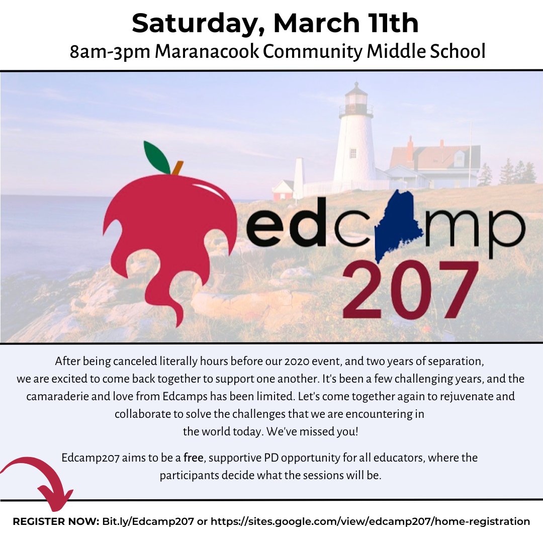 mdoenews's tweet photo. Registration is open for EdCamp207 on 3/11 at Maranacook Community MS. This unique “unconference” model is a place where Maine teachers get to take control of their own PD! Maine DOE staff from our MLTI &amp; LTT Teams will be participating! Learn more here: https://t.co/K5X6ITAErQ https://t.co/7sXVAs8Rva