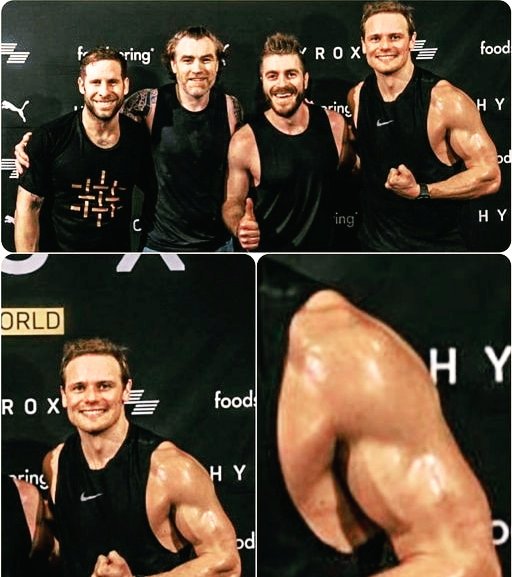 MihaelaBoldea's tweet photo. The motley crew at Hyrox Glasgow gym event Feb 2023. Look at those guns! 🥰  -  @outlanderlove #SamHeughan #johnvalbonesi #nicholasrasenti #hyroxglasgow https://t.co/dxHLO8qTCH