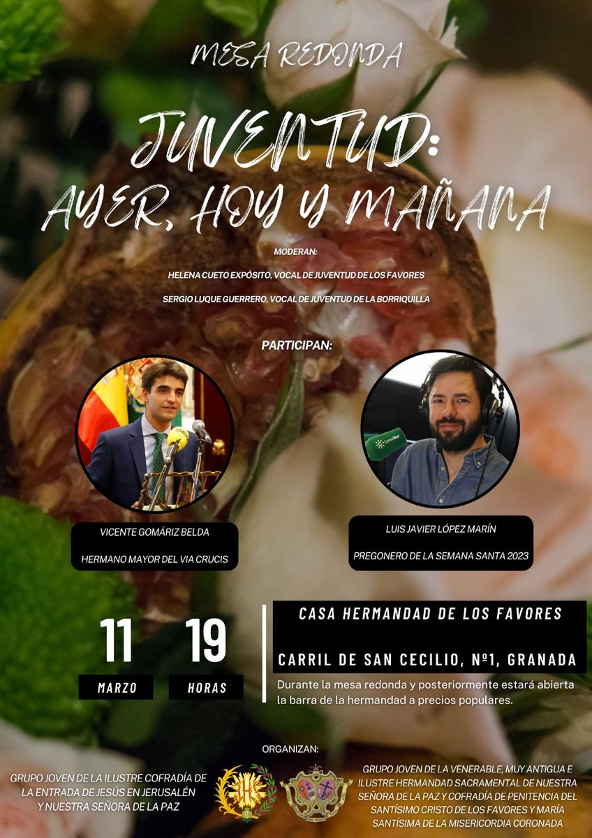 Organizado por nuestro grupo joven junto con el de @borriquillaypazgranada y con la juventud como protagonista de este evento, os presentamos la mesa redonda titulada “JUVENTUD: AYER, HOY Y MAÑANA”.