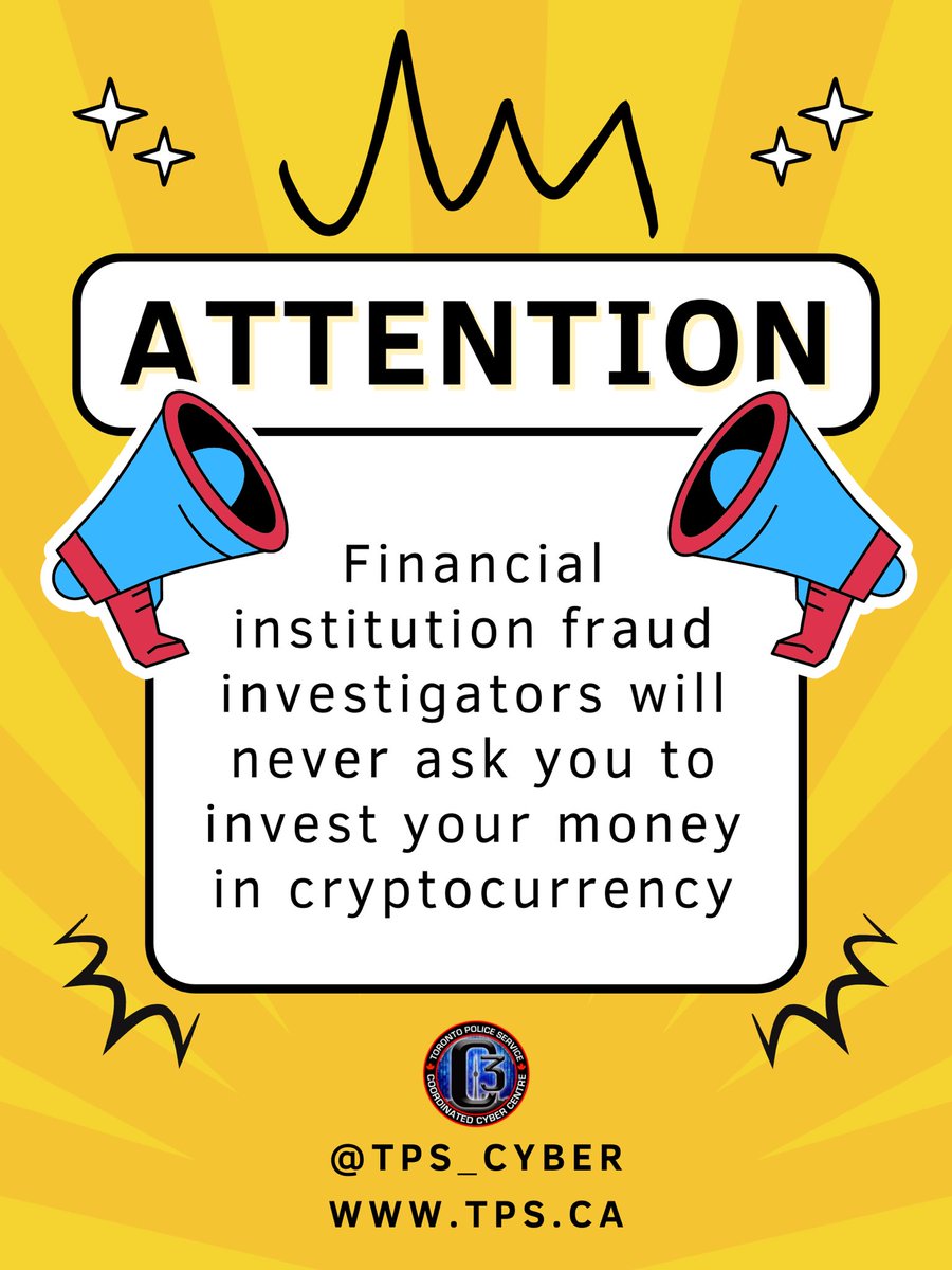 🚩Scam Alert🚩
We have received a # of reports from victims who were contacted by people impersonating their banks fraud investigator. The fraud investigator advises them their accounts have been compromised &amp; convinces them to safeguard their money by investing in cryptocurrency