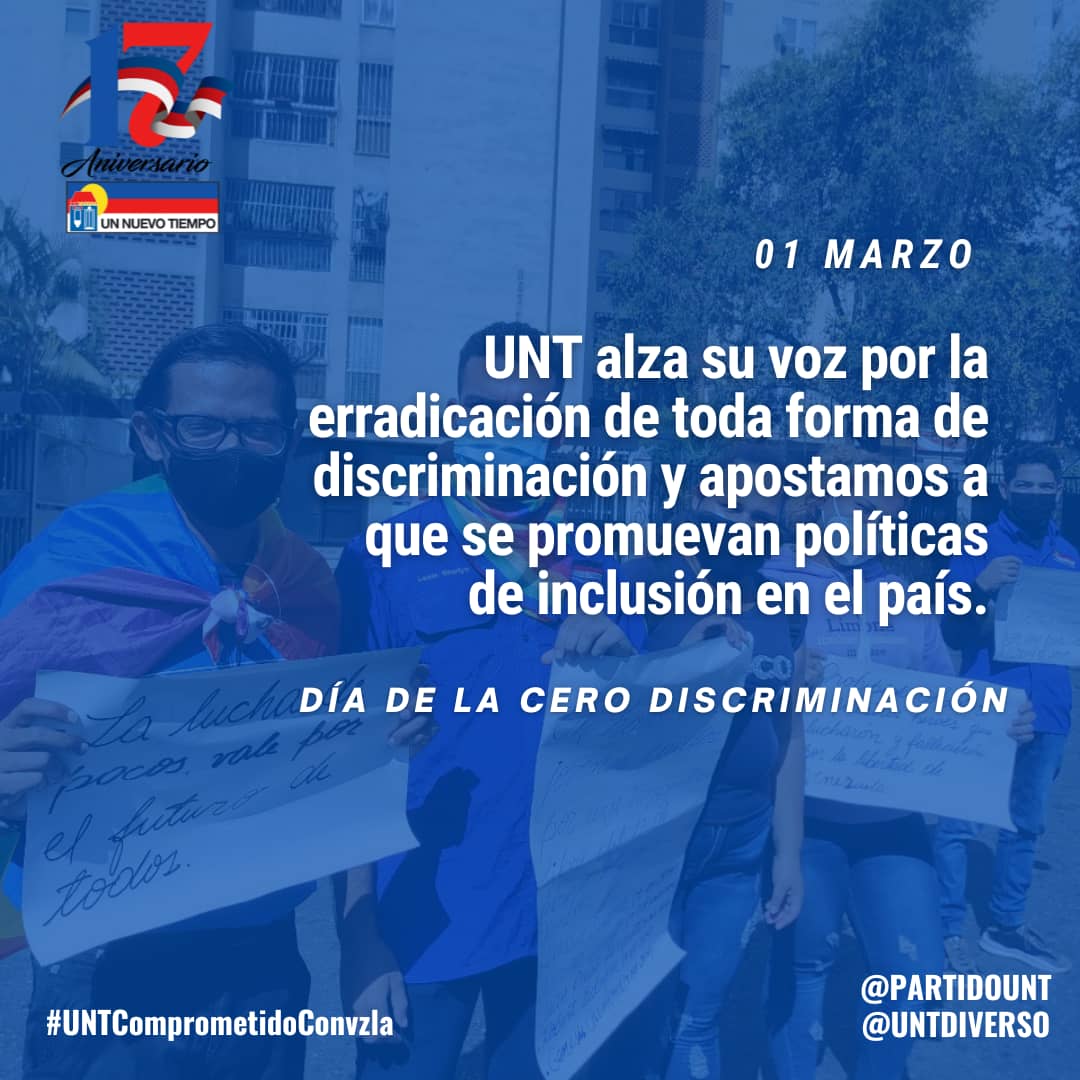 Hoy #01Marzo Día de la Cero Discriminación celebramos el derecho de todas las personas a vivir una vida plena y productiva, y a vivirla con dignidad, sin ningún tipo de discriminación.
Por un mundo ¡Donde nadie sea dejado atrás! 
#CeroDiscriminacion #UNTComprometidoConVzla