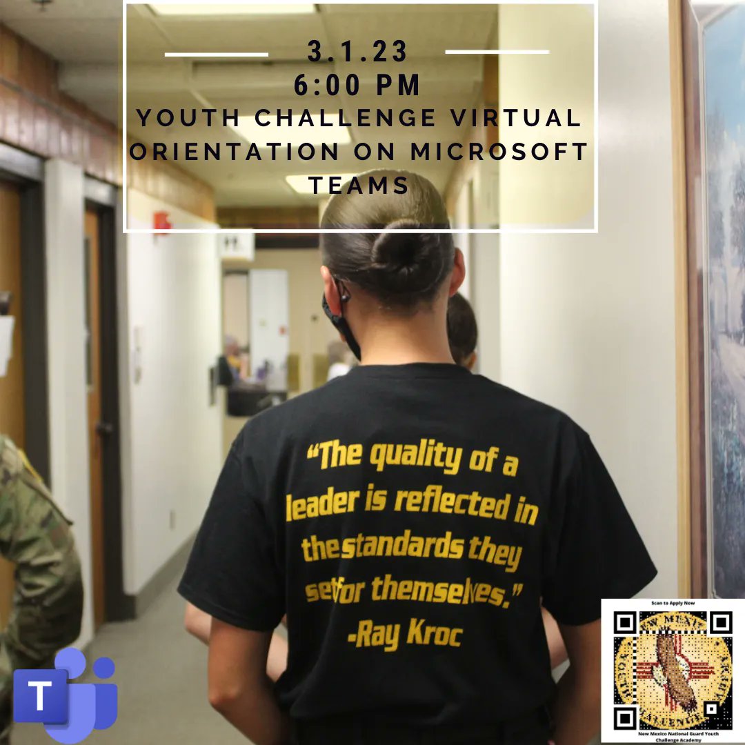 Virtual Orientations are back! Get up to speed with everything you need to know about the New Mexico National Guard Youth ChalleNGe Academy Find out if Youth ChalleNGe can help your teens succeed. 
Join us tonight @ 6pm on Microsoft Teams Click to join. buff.ly/3m1lAYz
