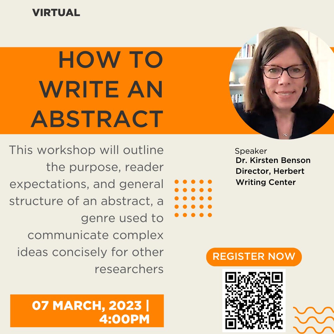 This workshop will outline the purpose, reader expectations, and general structure of an abstract, a genre used to communicate complex ideas concisely for other researchers
.
Register to receive your zoom link!
