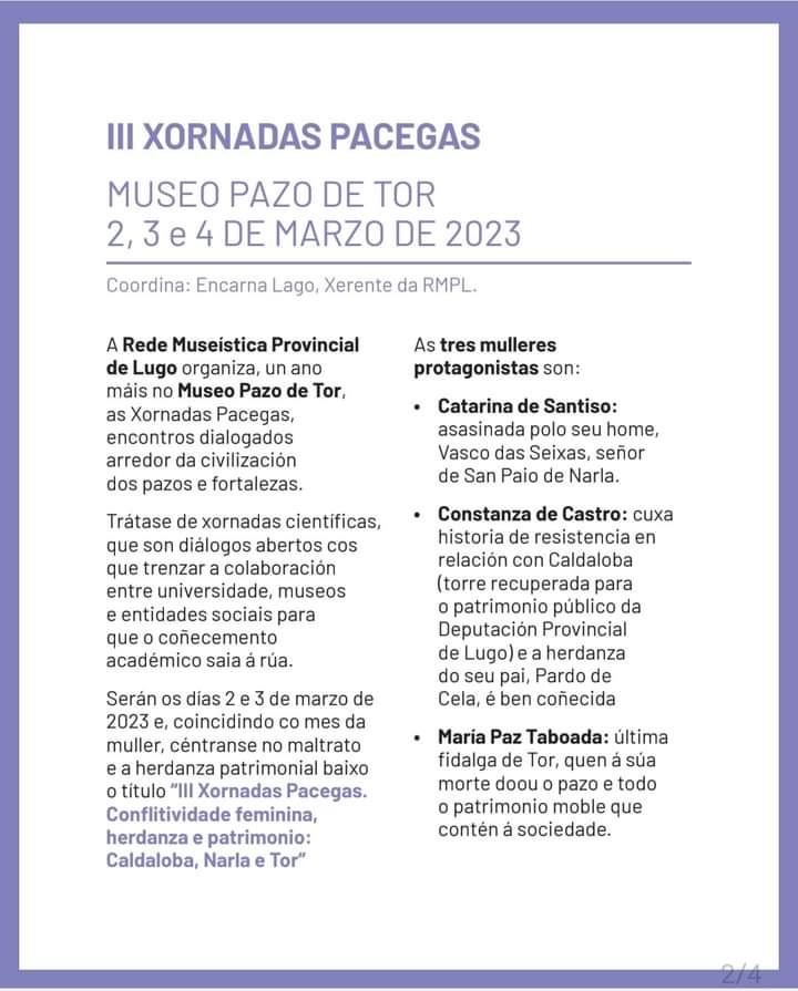 A muller na historia e no patrimonio nas III Xornadas Pacegas que se celebran no <a href="/PazodeTor/">Pazo de Tor (Rede Museistica Provincial)</a> a partir deste xoves. Falamos delas en +d1Monforte con Encarna Lago xerente da <a href="/RedeMuseistica/">Rede Museística Provincial de Lugo</a>
ondacero.es/emisoras/galic…