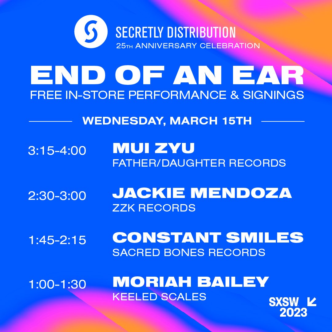 Join us and some of our incredible distributed artists for an afternoon of free performances & signings on March 15th at @endofanear to celebrate Secretly Distribution’s 25th Anniversary! Vinyl, CDs, and autographs will be in abundance 💐 #25yearsofsecretlydistro #sxsw