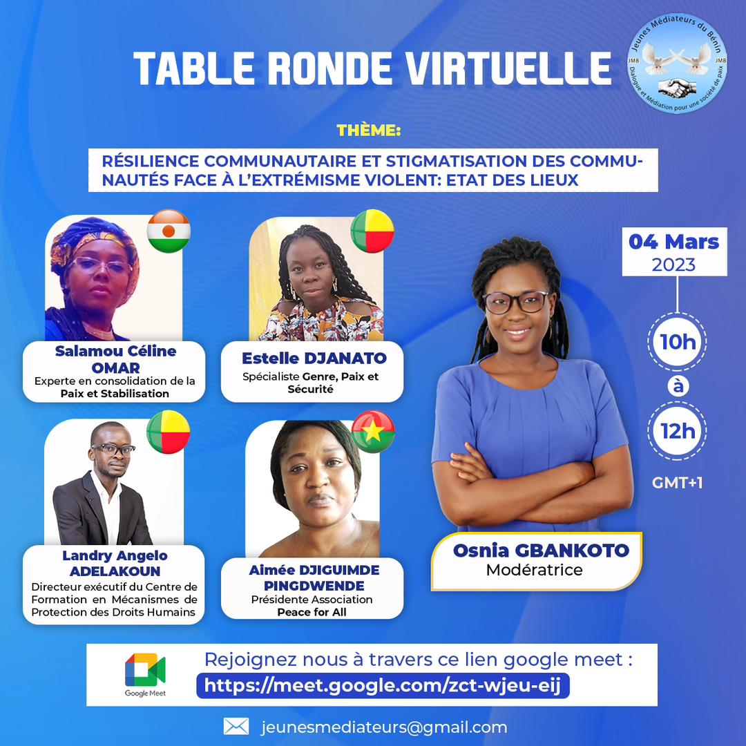 Ce samedi 4 mars, je serai, en compagnie de trois brillantes Expertes, dans une table ronde virtuelle pour échanger sur la stigmatisation de certaines communautés dans la lutte contre l'extrémisme violent 

Cliquez ici: meet.google.com/zct-wjeu-eiy

#paix #securite #terrorism #Africa