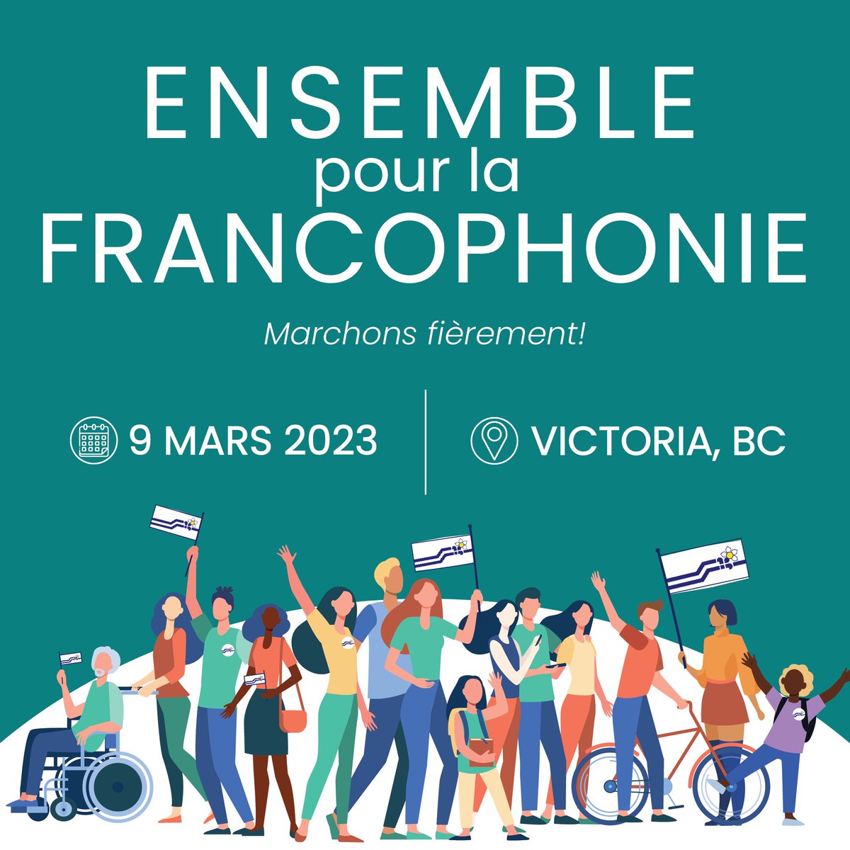 Rejoignez-nous le 9 mars 2023 à Victoria pour célébrer ensemble la #francophonie à travers une marche festive allant de la Société Francophone de Victoria jusqu’à la législature ! 🥳

Au programme :
🎧 Silent disco
🥁 Musique et poésie en français
💃🕺 Danse

Venez nombreux !
