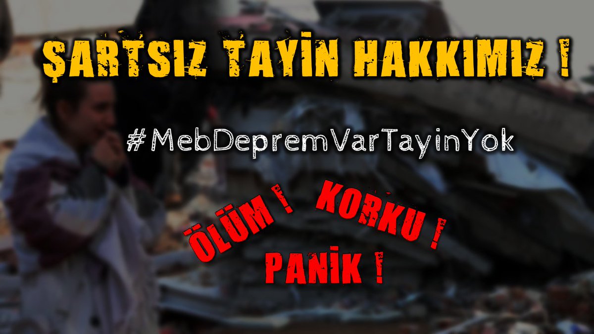Öğretmenler ölüm korkusu yaşadılar. Psikolojiler bozuk. Bölgede hala depremler devam ederken bu psikoloji ile öğretmenlerin eğitim vermesi hiç normal değil. Şartsız tayin verilmelidir.
<a href="/tcmeb/">Millî Eğitim Bakanlığı</a> 
<a href="/prof_mahmutozer/">Mahmut Özer</a> 
#MebDepremVarTayinYok