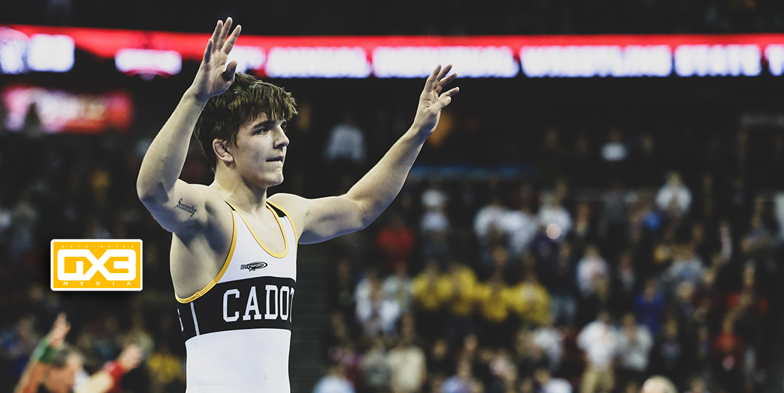 NBGX3Media's tweet photo. 2-25-23 Cadott's Brayden Sonnentag signals to the crowd after winning his fourth wrestling state championship Saturday night by holding off Fennimore's Ian Crapp 1-0 in the 132 pound finale.
#cadotthornets #wiswre https://t.co/FFHPpROGgK