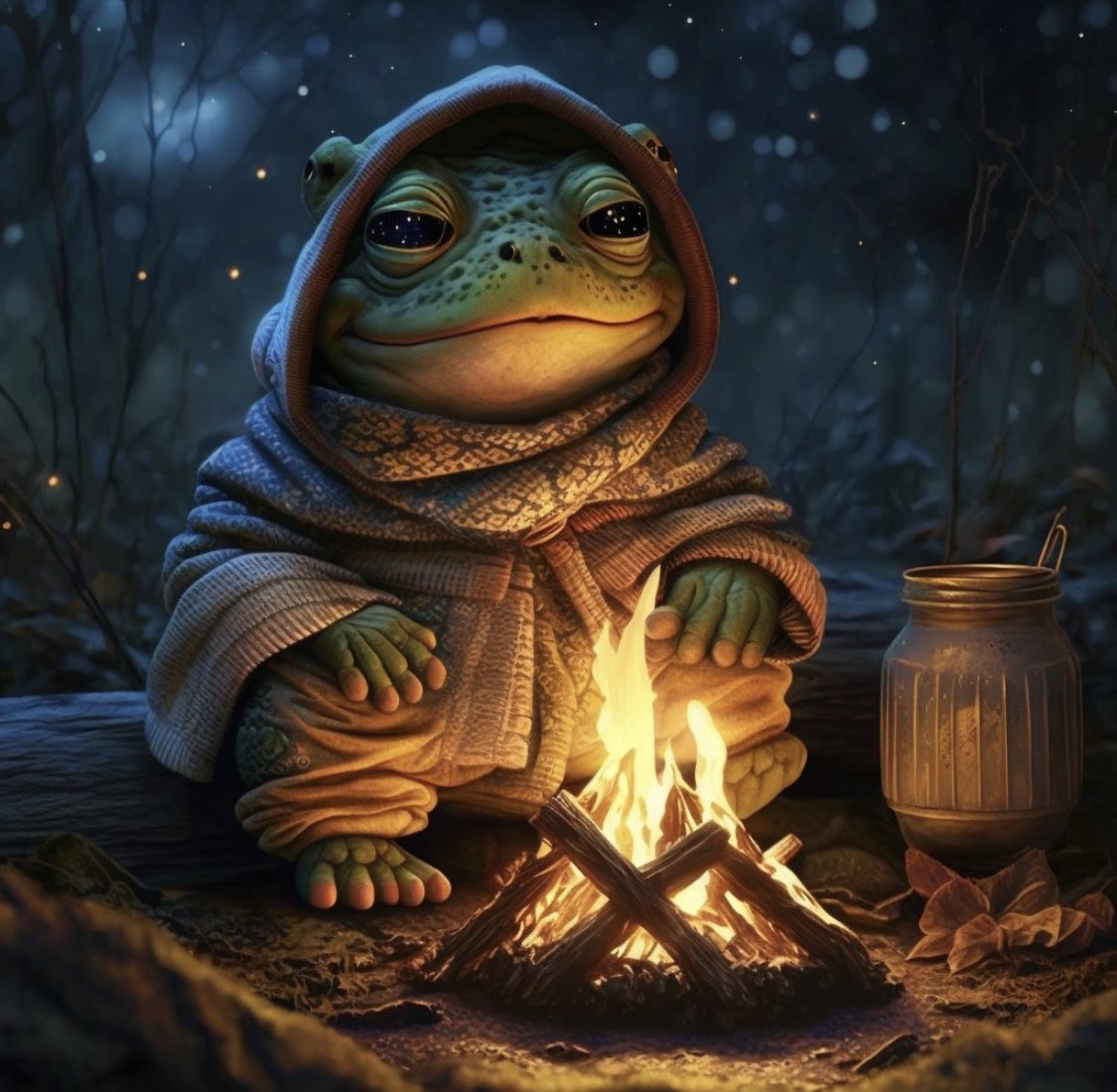 I fucked around on #MidJourney last night for a few hours for the first time. I created a lot of cool shit but this was one of my favs - a cozy Pepe enjoying the fires warmth in a wintry mix.