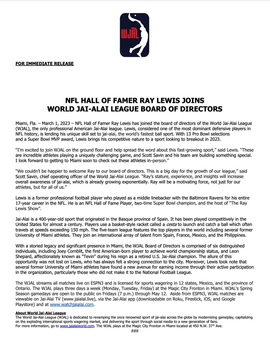JaiAlaiLeague's tweet photo. NEWS: We're thrilled to welcome NFL Hall of Famer @raylewis to the World Jai-Alai League as the newest member of the board of directors.

"Ray will be a motivating force, not just for our athletes, but for all of us.” https://t.co/ahp430zIiT