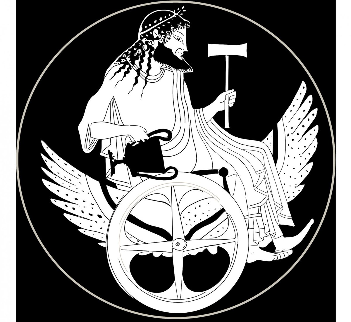 For this year's #InternationalWheelchairDay, I want to do some #ClassicsReception and talk about this drawing of the Greek god Hephaistos seated in his winged chariot, at times described as a 'wheeled chair'. As a wheelchair user, I believe it prompts an important conversation.🧵