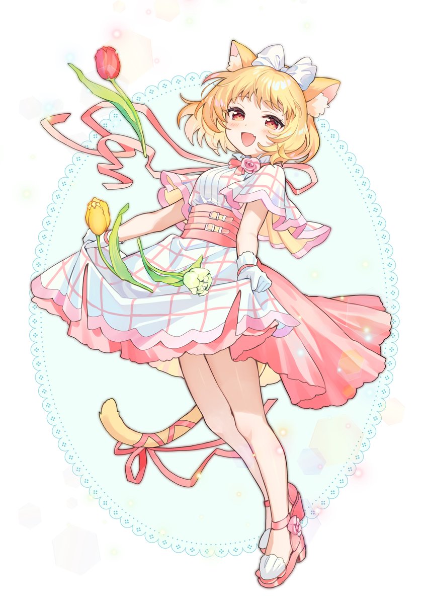 1girl animal ears cat ears flower solo tail cat tail  illustration images