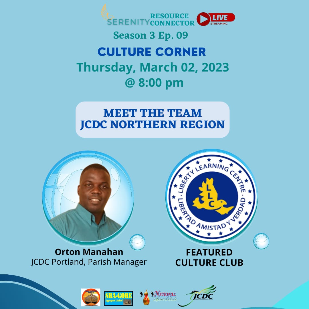 SerenityAdvisor's tweet photo. @JCDCJamaica Portland Parish Manager, Orton Manahan, introduces the Team covering Portland, St Mary and St Ann. Portland's reigning Festival Queen also joins us live.
Featured Culture Club: Liberty Learning Centre #Portland
Thursday, March 2nd @8pm #SERENITYResourceConnector https://t.co/7kSTWNZzUs