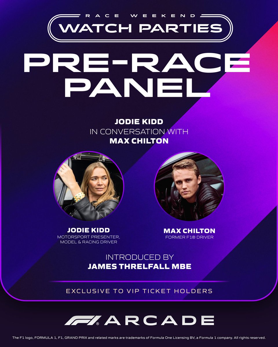 F1® Arcade (@f1arcade) on Twitter photo Our first Race Weekend Watch Party just got bigger 😏
We're excited to announce our first Pre-Race Panel guests as <a href="/RealJodieKidd/">Jodie Kidd</a> and <a href="/maxchilton/">M A X Chilton</a>! Our exclusive panel will be available to VIP Ticket Holders at our Bahrain Grand Prix™ Watch Party this weekend! Our first Race Weekend Watch Party just got bigger 😏
We're excited to announce our first Pre-Race Panel guests as <a href="/RealJodieKidd/">Jodie Kidd</a> and <a href="/maxchilton/">M A X Chilton</a>! Our exclusive panel will be available to VIP Ticket Holders at our Bahrain Grand Prix™ Watch Party this weekend!